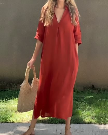 Dames Maxi Jurk met V-hals en Driekwart Mouw met Zijzakken Rood