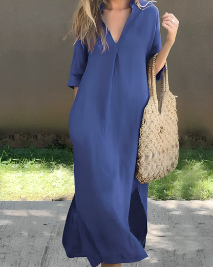 Dames Maxi Jurk met V-hals en Driekwart Mouw met Zijzakken Blauw