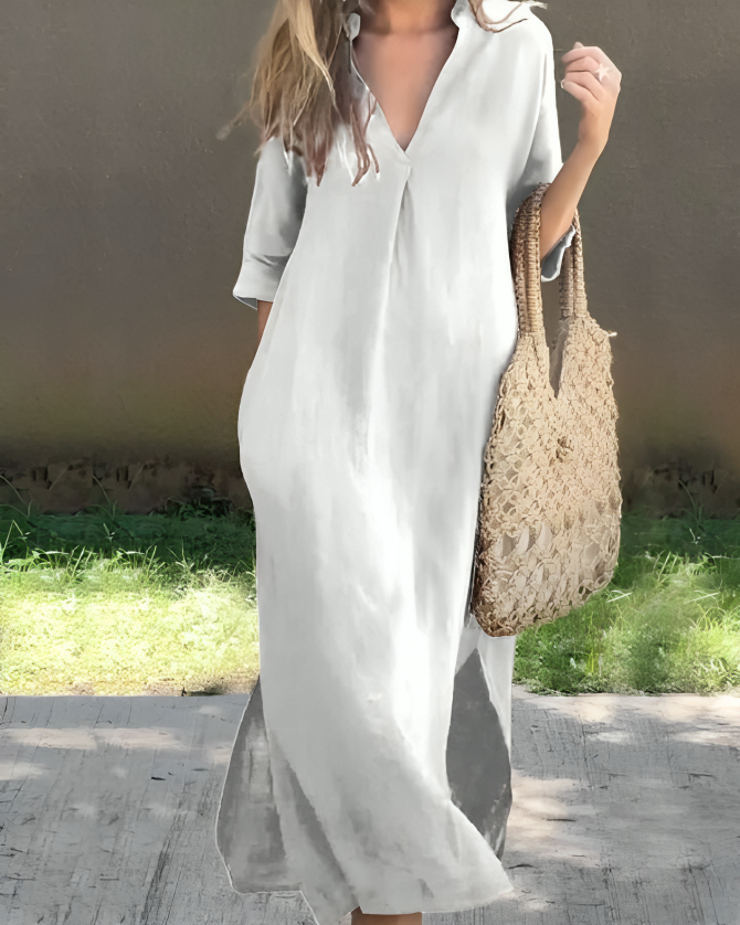 Dames Maxi Jurk met V-hals en Driekwart Mouw met Zijzakken Wit