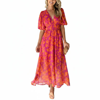Dames Maxi Jurk met V-hals en Pofmouwen Bloemenprint A-lijn