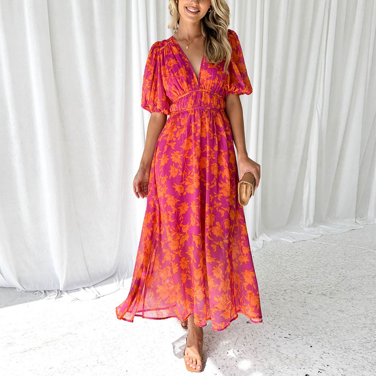 Dames Maxi Jurk met V-hals en Pofmouwen Bloemenprint A-lijn
