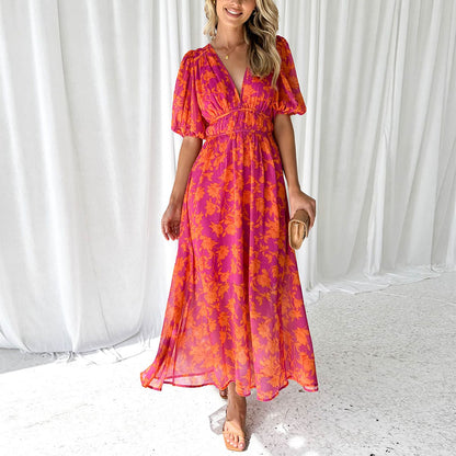 Dames Maxi Jurk met V-hals en Pofmouwen Bloemenprint A-lijn