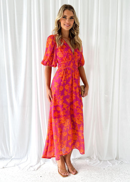 Dames Maxi Jurk met V-hals en Pofmouwen Bloemenprint A-lijn