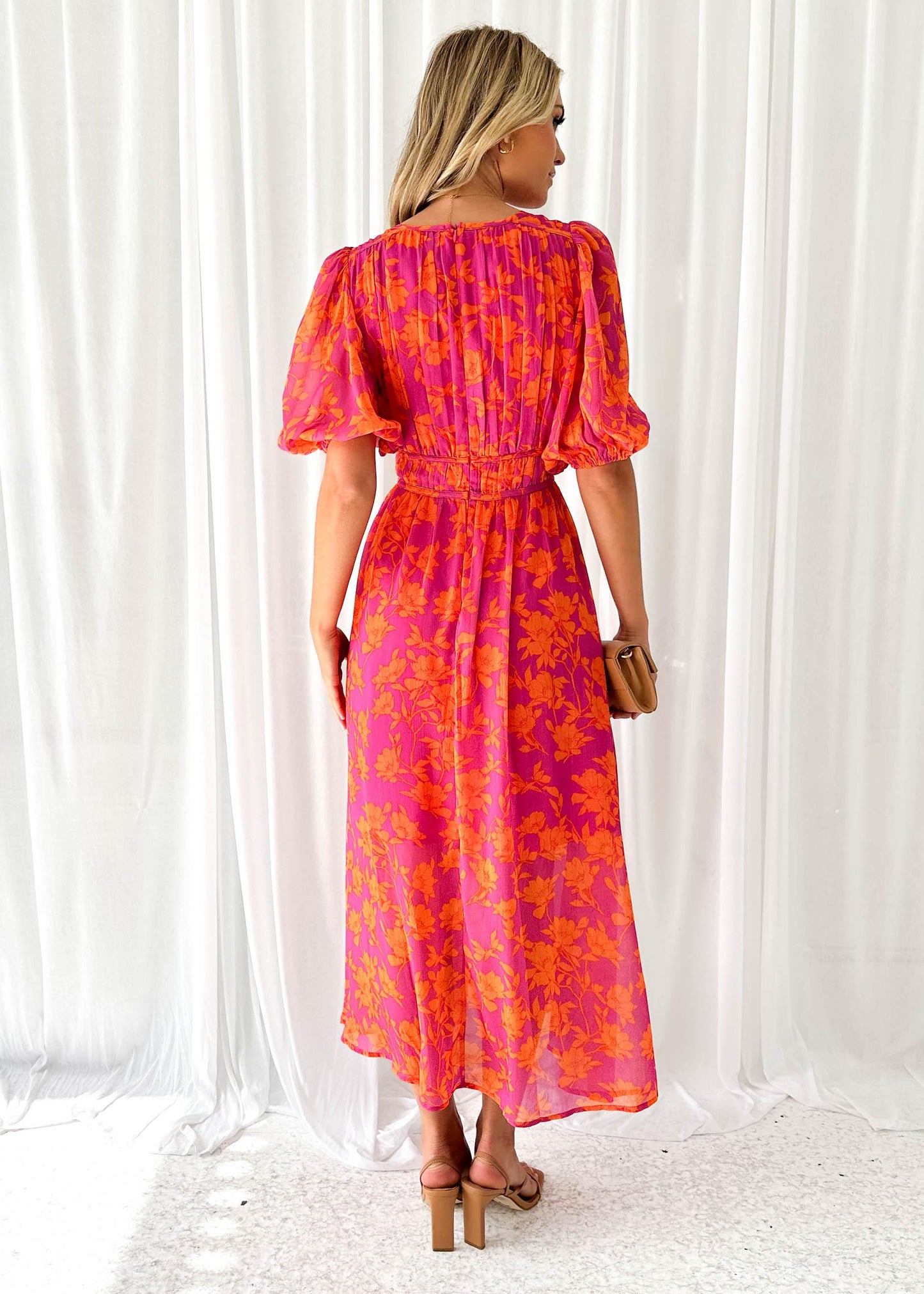 Dames Maxi Jurk met V-hals en Pofmouwen Bloemenprint A-lijn