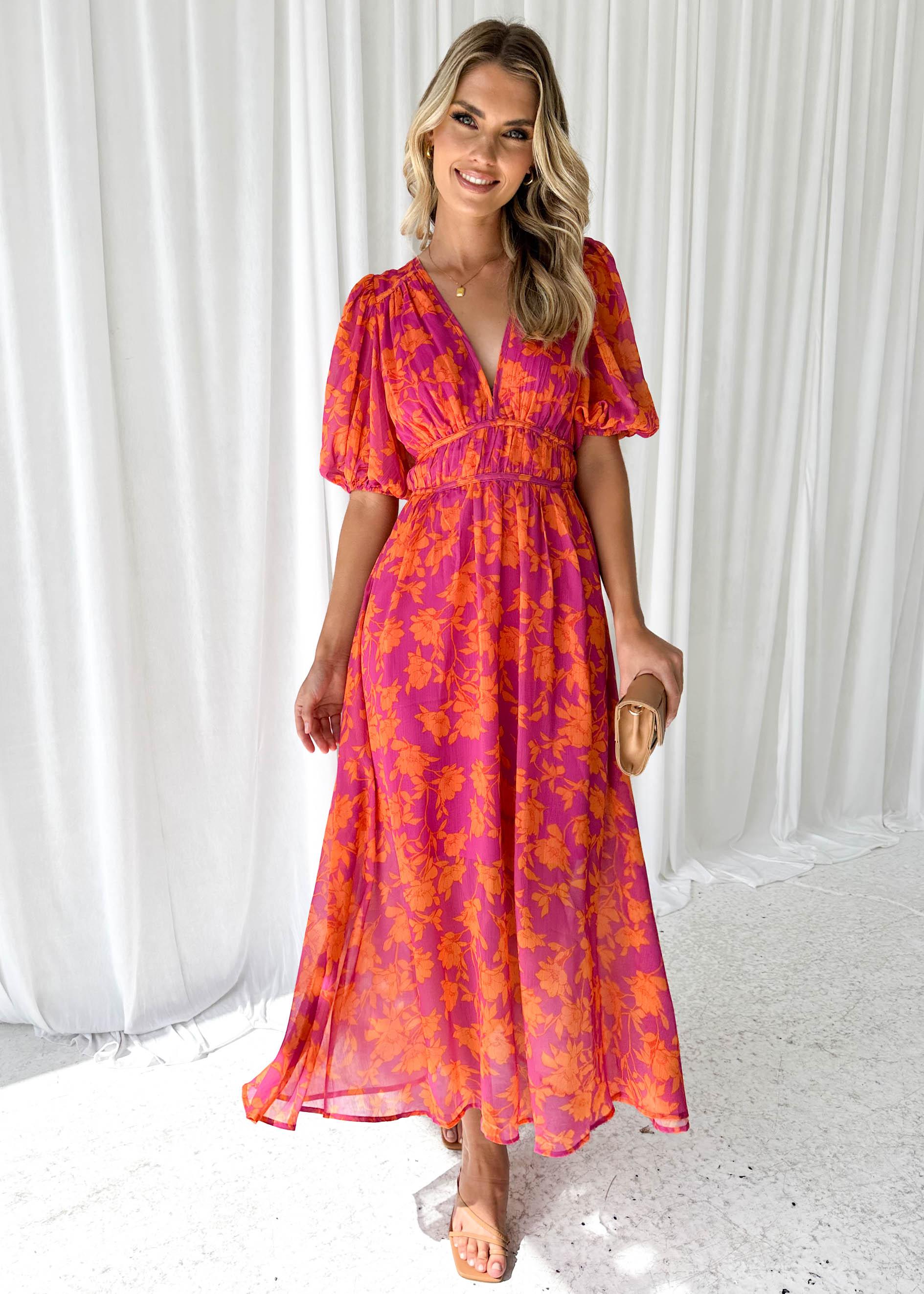 Dames Maxi Jurk met V-hals en Pofmouwen Bloemenprint A-lijn