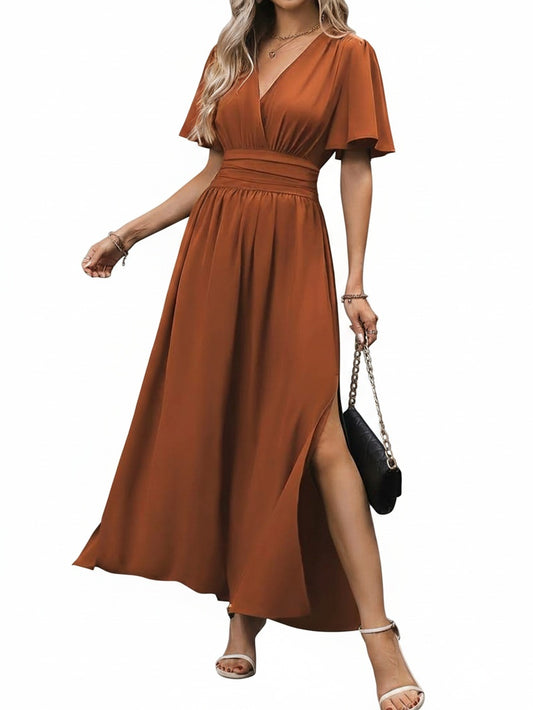 Dames Maxi Jurk met V-hals, Vlindermowen en Hoge Taille met Zijsplit