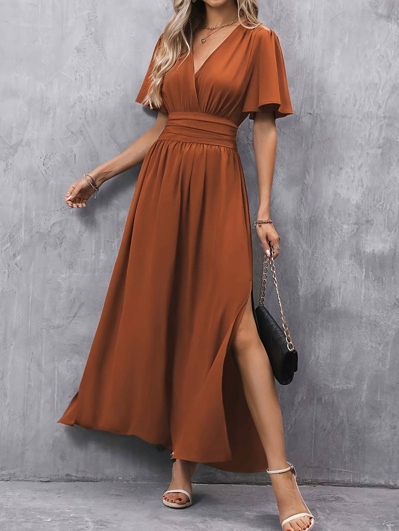 Dames Maxi Jurk met V-hals, Vlindermowen en Hoge Taille met Zijsplit