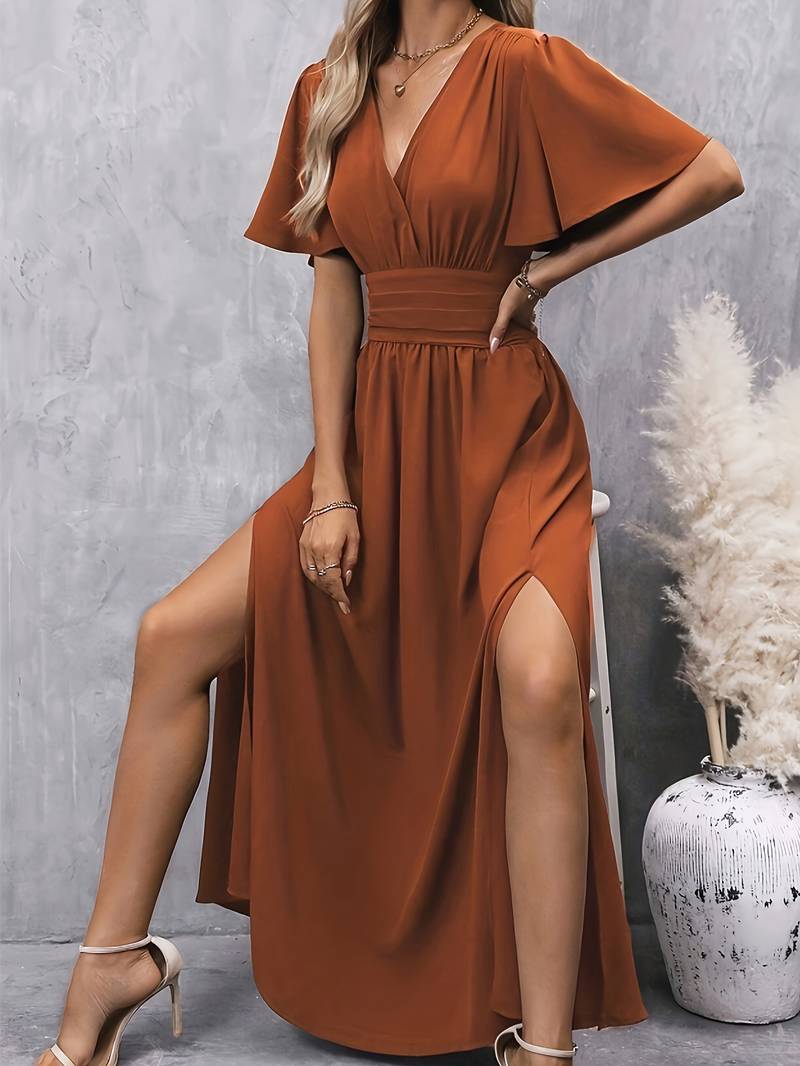 Dames Maxi Jurk met V-hals, Vlindermowen en Hoge Taille met Zijsplit