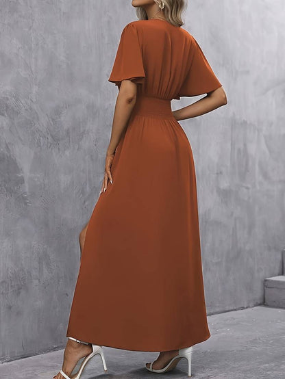 Dames Maxi Jurk met V-hals, Vlindermowen en Hoge Taille met Zijsplit