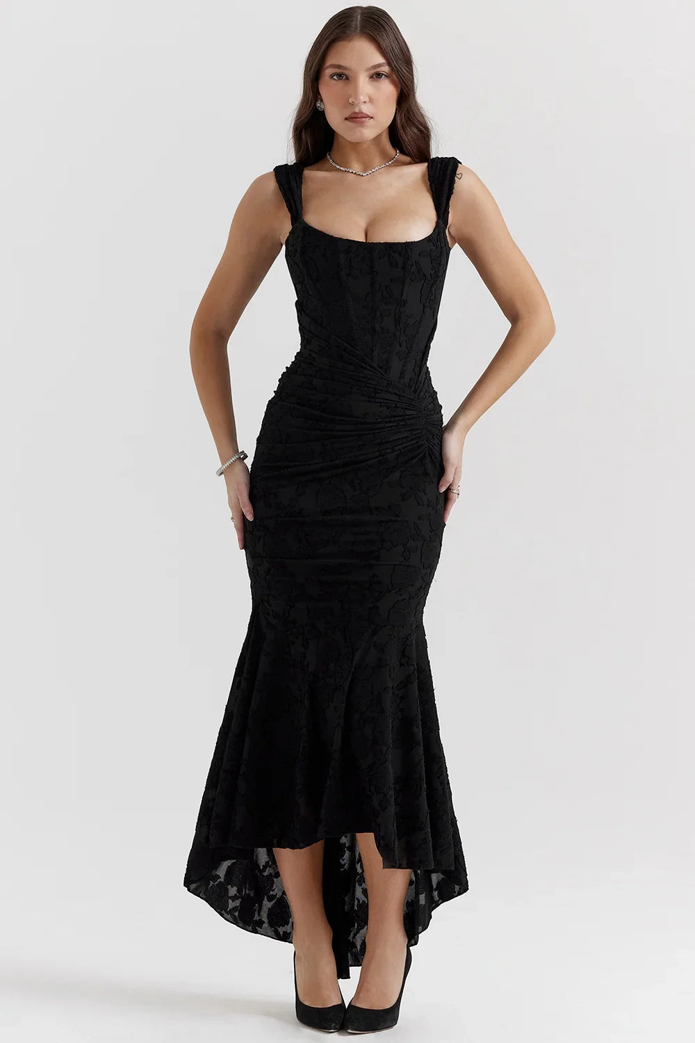 Dames Maxi Jurk Mouwloos met Bloemenprint en Corset Bodice Zwart