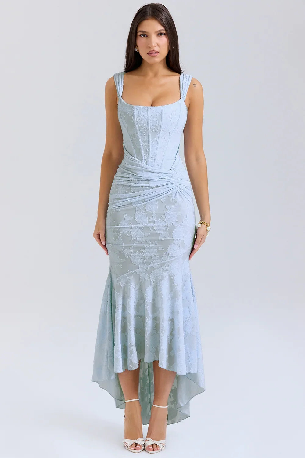 Dames Maxi Jurk Mouwloos met Bloemenprint en Corset Bodice Blauw