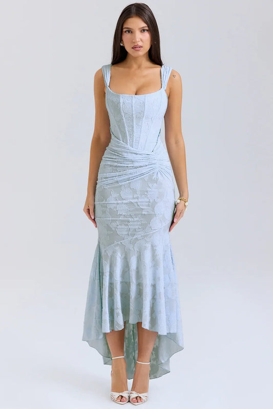 Dames Maxi Jurk Mouwloos met Bloemenprint en Corset Bodice Blauw