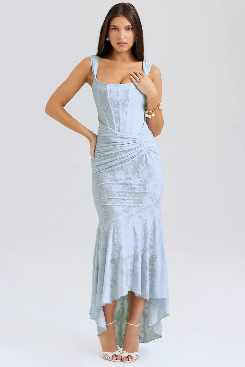 Dames Maxi Jurk Mouwloos met Bloemenprint en Corset Bodice
