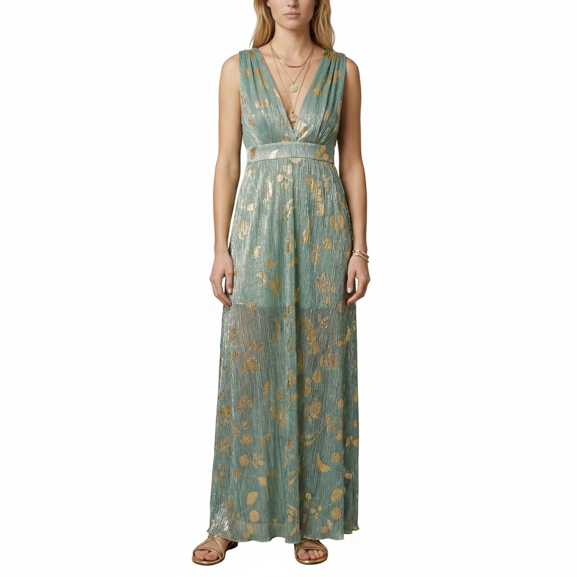 Dames Maxi Jurk Mouwloos met Diepe V-hals en Gouden Print