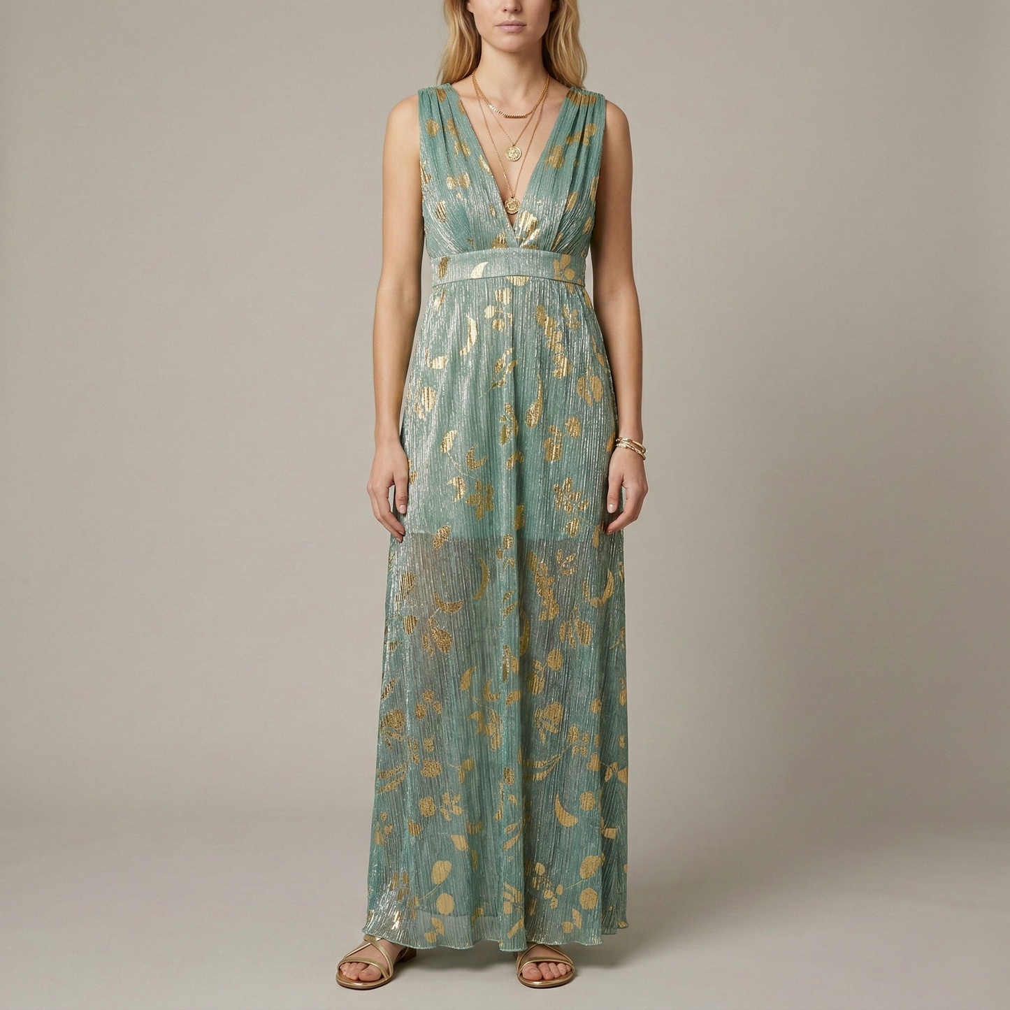 Dames Maxi Jurk Mouwloos met Diepe V-hals en Gouden Print Groen