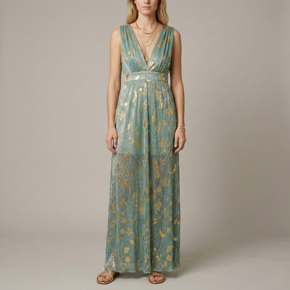 Dames Maxi Jurk Mouwloos met Diepe V-hals en Gouden Print Groen