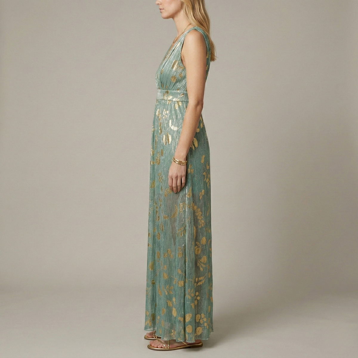 Dames Maxi Jurk Mouwloos met Diepe V-hals en Gouden Print