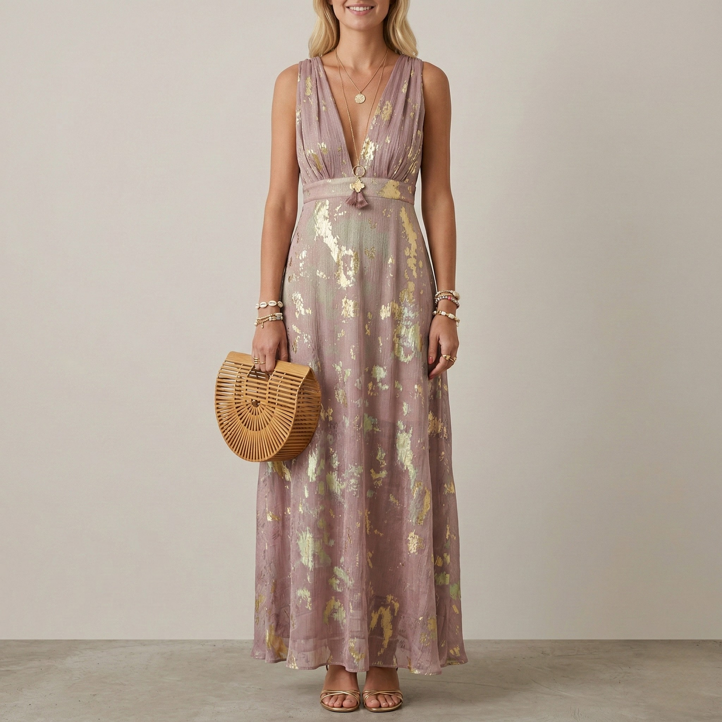 Dames Maxi Jurk Mouwloos met Diepe V-hals en Gouden Print Roze
