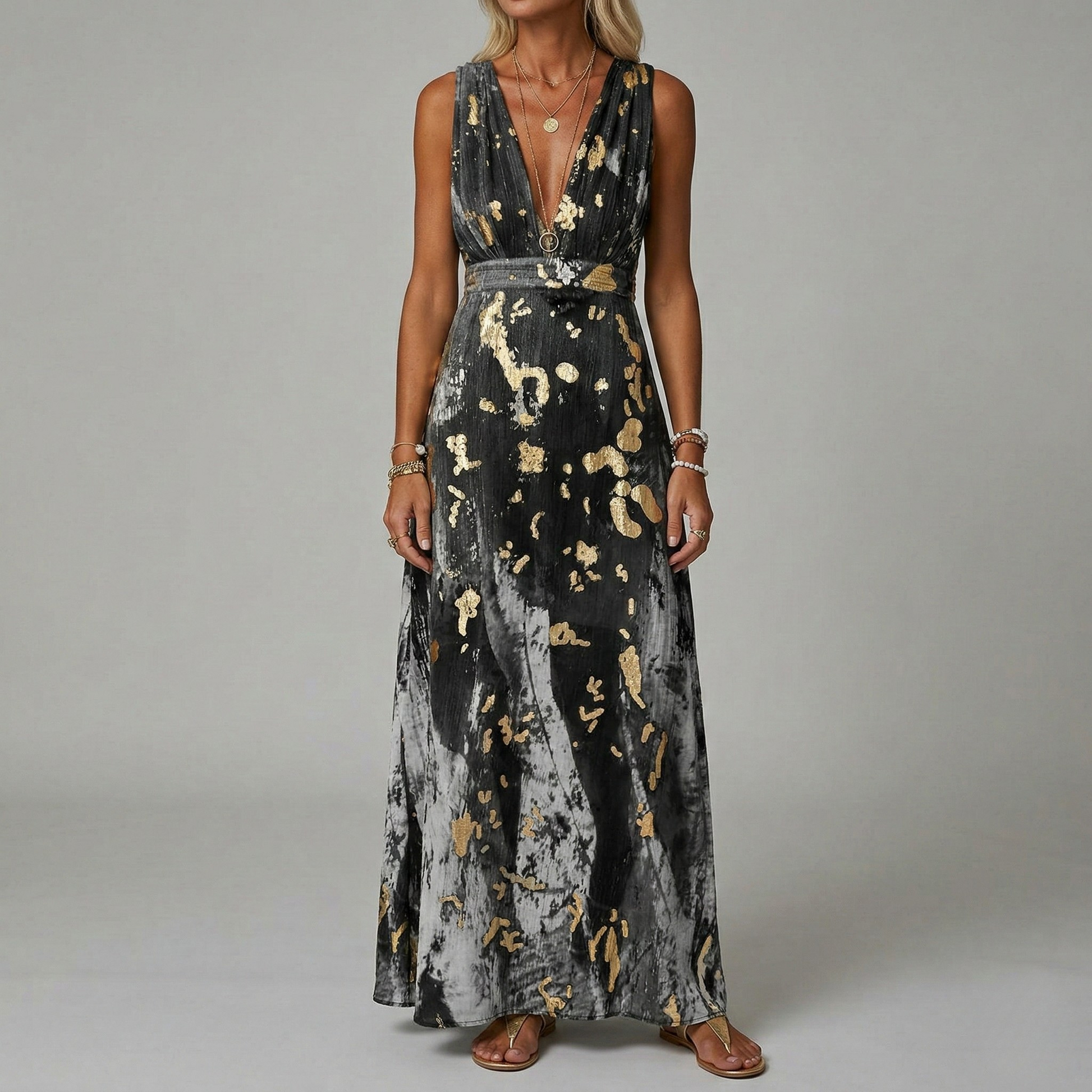 Dames Maxi Jurk Mouwloos met Diepe V-hals en Gouden Print Zwart