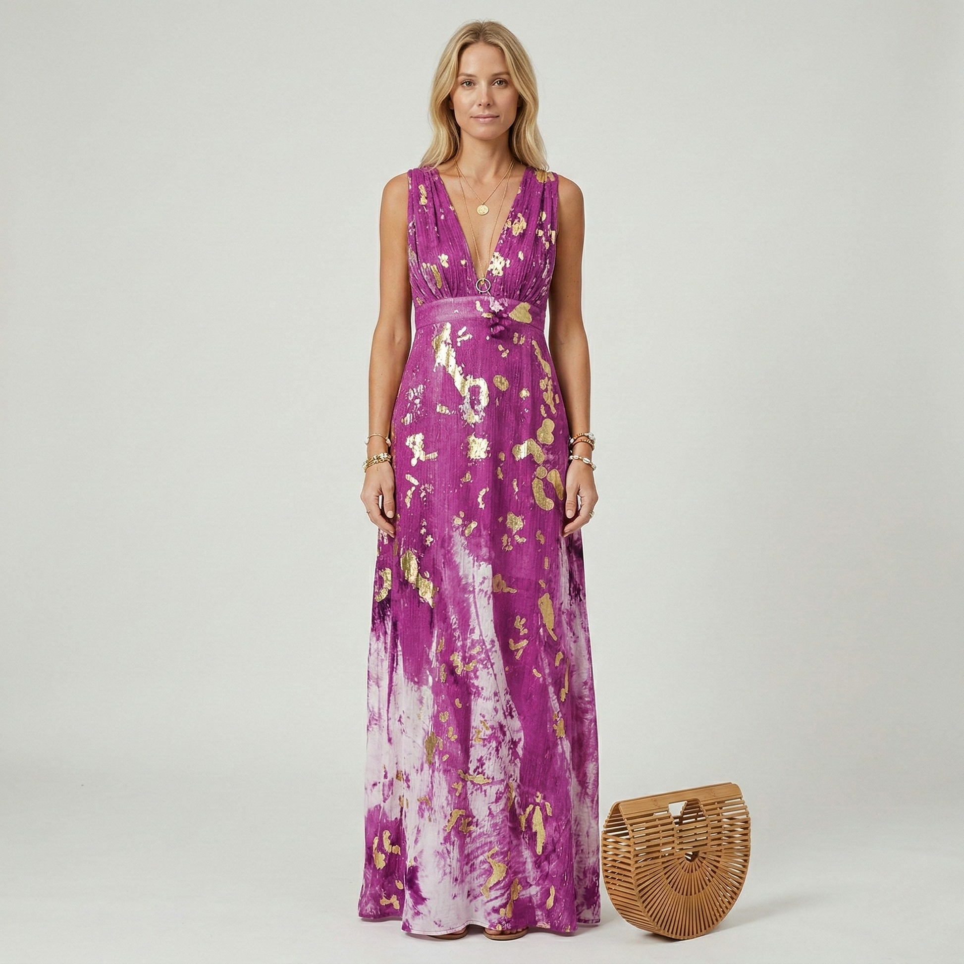 Dames Maxi Jurk Mouwloos met Diepe V-hals en Gouden Print Paars