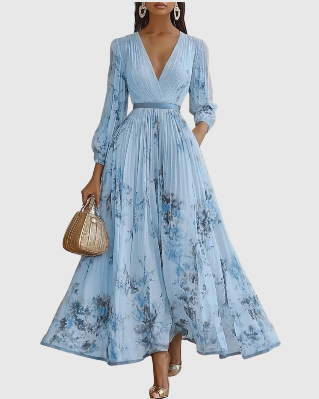 Dames Maxi Jurk Mouwloos met Diepe V-hals en Plissé A-lijn Blauw