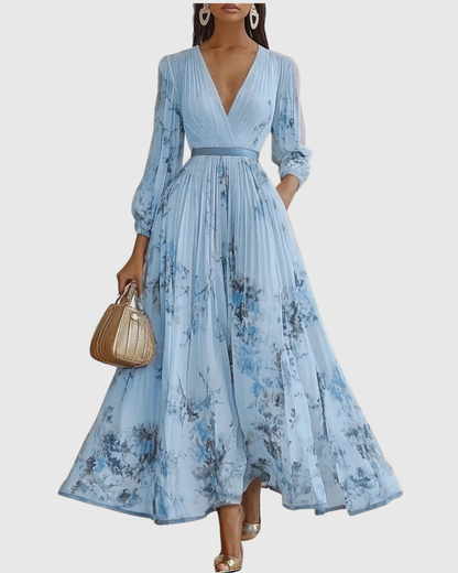 Dames Maxi Jurk Mouwloos met Diepe V-hals en Plissé A-lijn Blauw