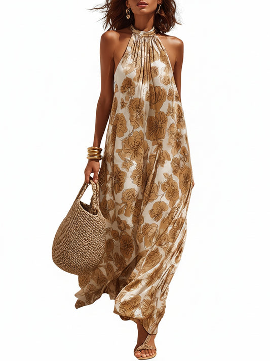 Dames Maxi Jurk Mouwloos met Halternek en Bloemenprint