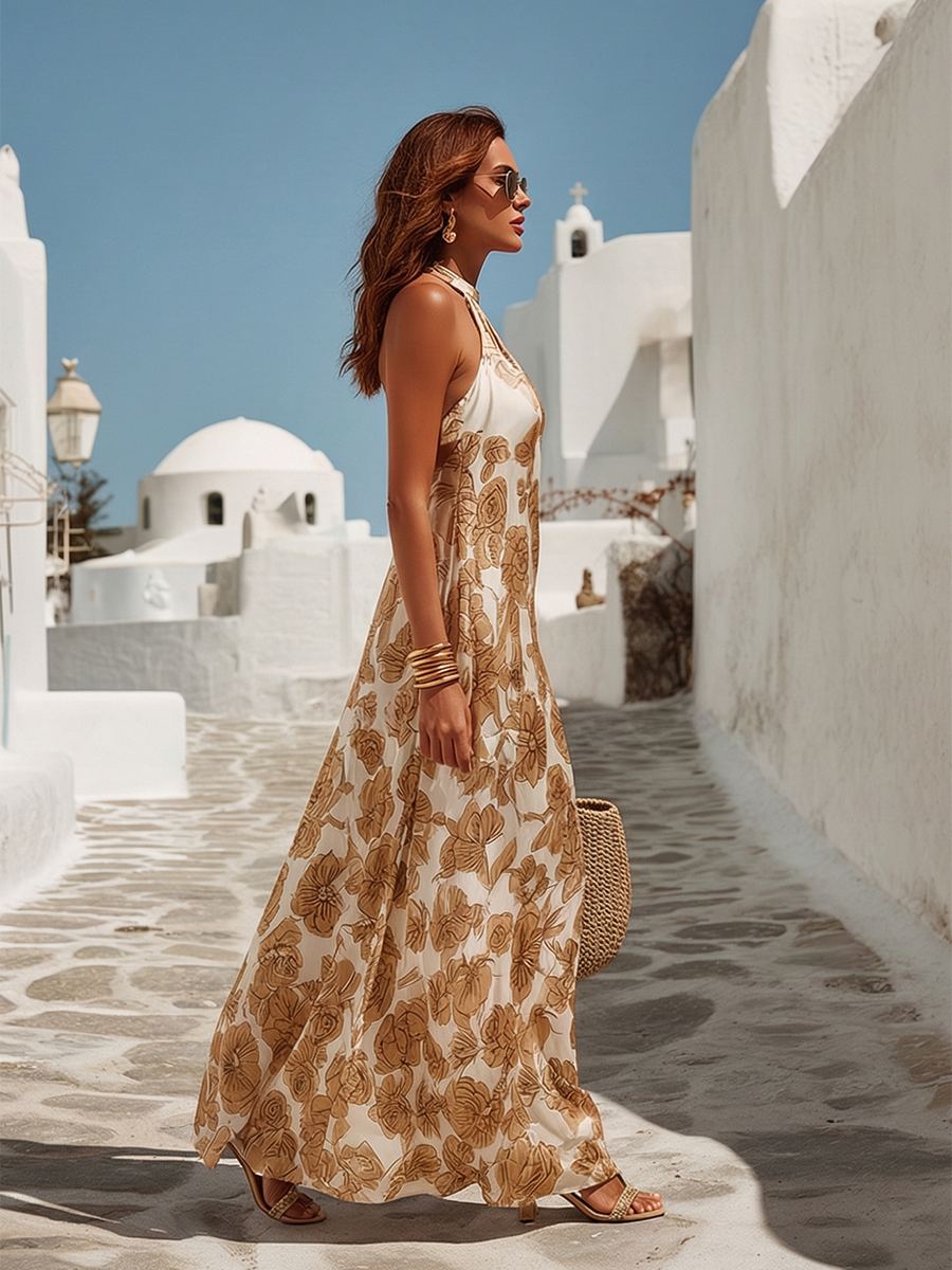 Dames Maxi Jurk Mouwloos met Halternek en Bloemenprint