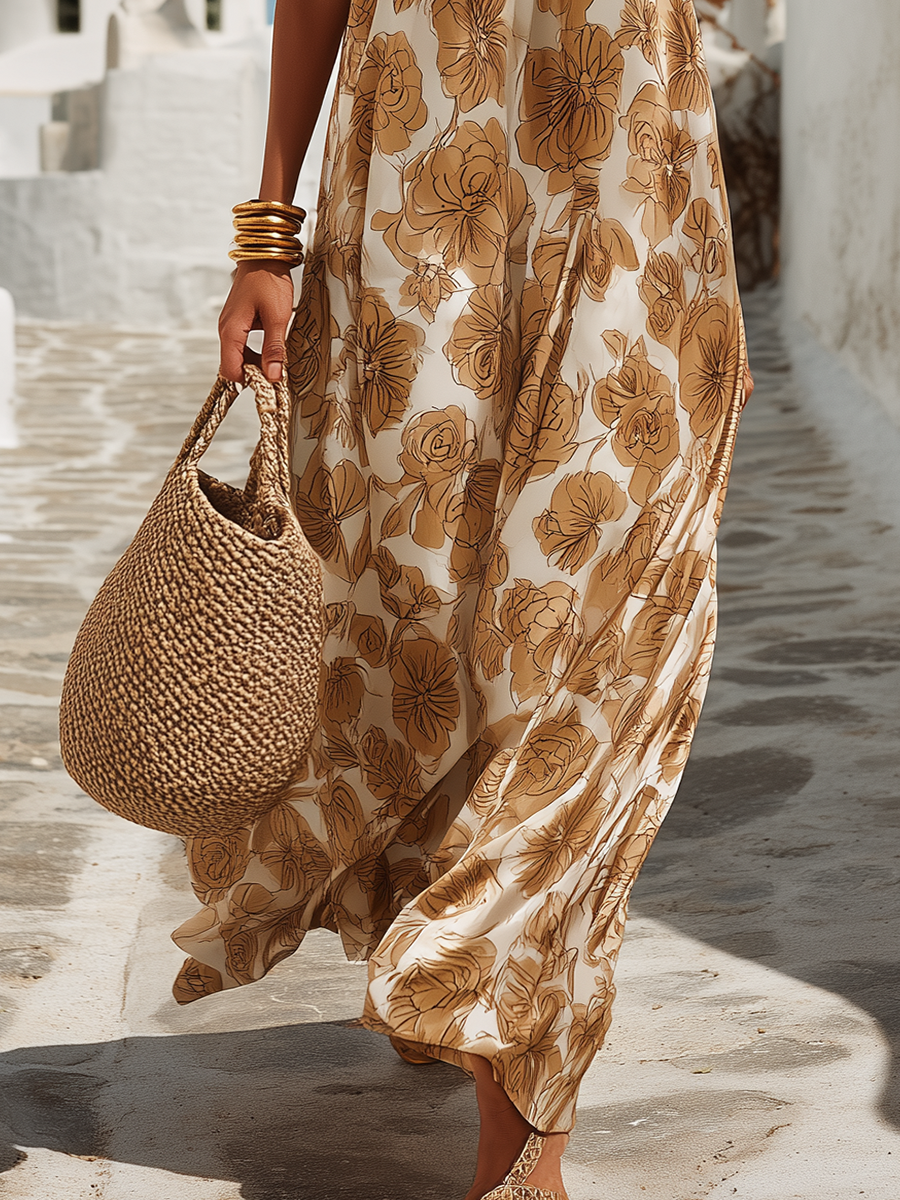 Dames Maxi Jurk Mouwloos met Halternek en Bloemenprint