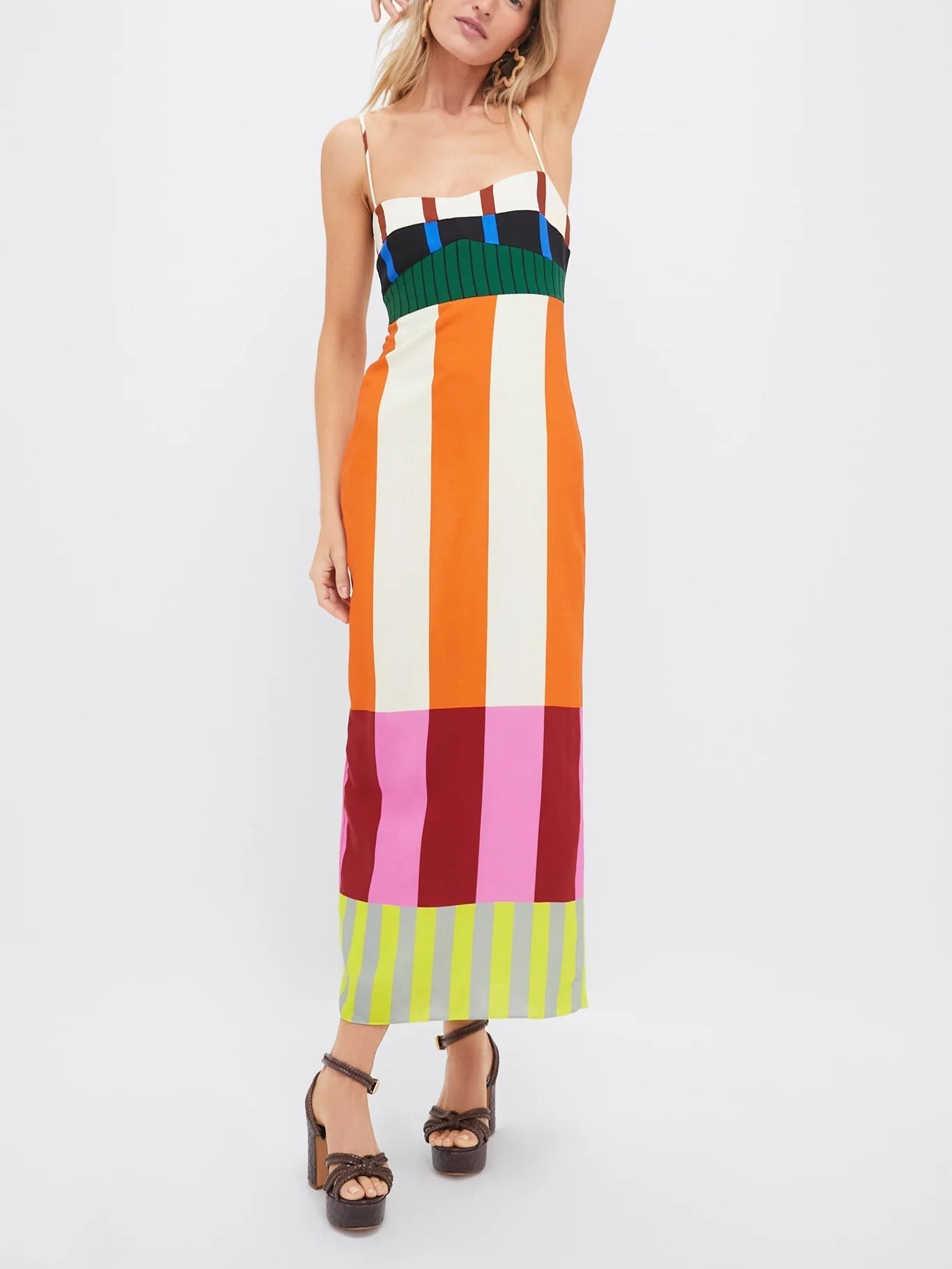 Dames Maxi Jurk Mouwloos met Spaghettibandjes en Kleurblokken Streepprint