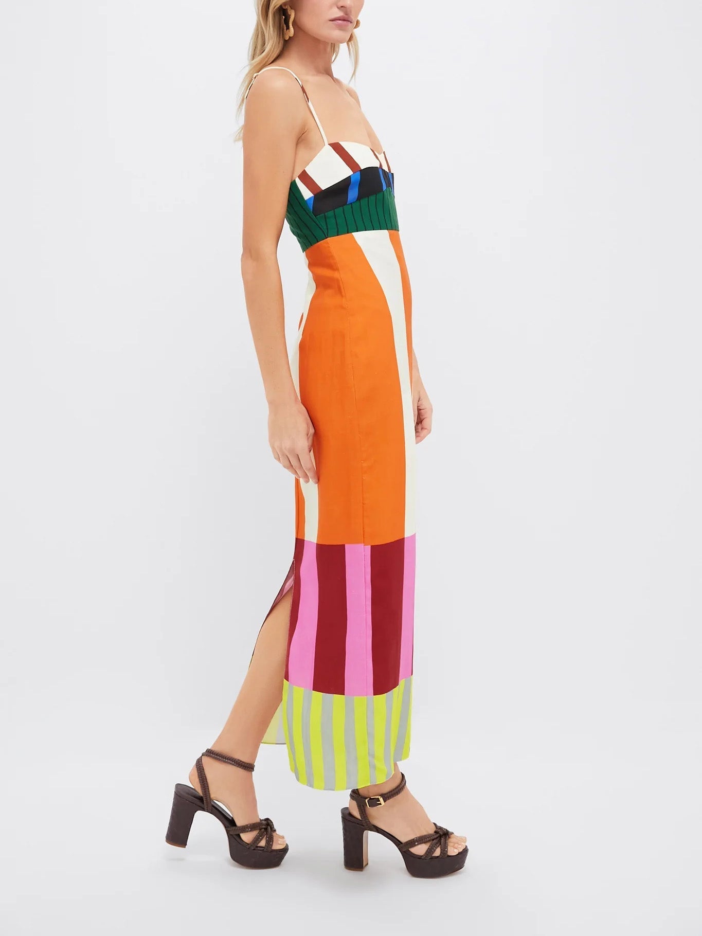 Dames Maxi Jurk Mouwloos met Spaghettibandjes en Kleurblokken Streepprint