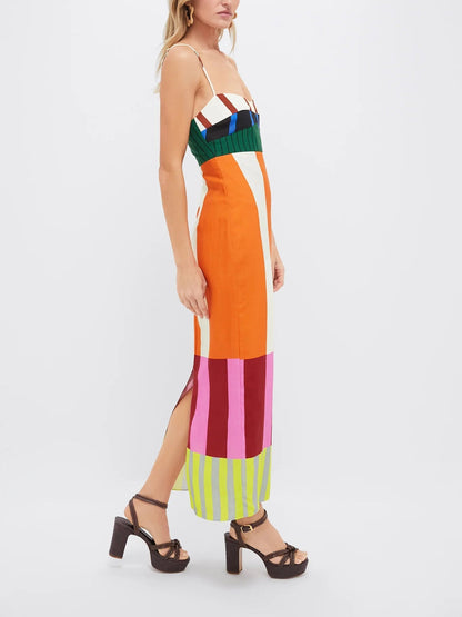 Dames Maxi Jurk Mouwloos met Spaghettibandjes en Kleurblokken Streepprint