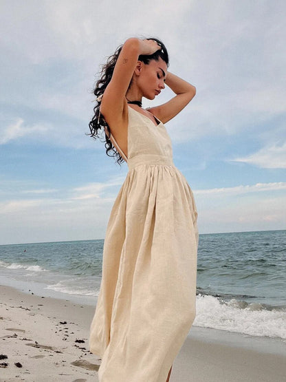 Dames Maxi Jurk Mouwloos met V-hals, Bandjes en Ruche Rok Abrikoos