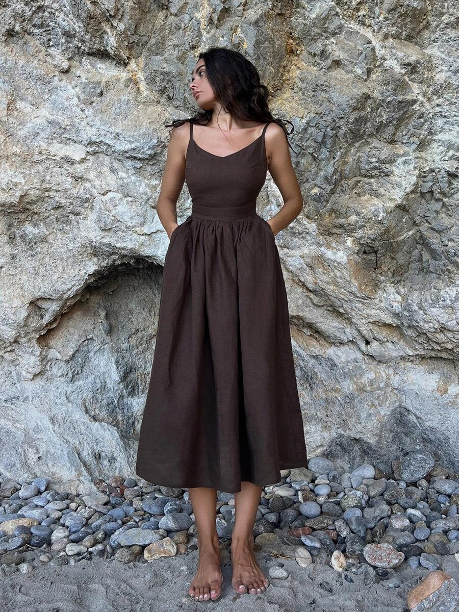 Dames Maxi Jurk Mouwloos met V-hals, Bandjes en Ruche Rok Bruin