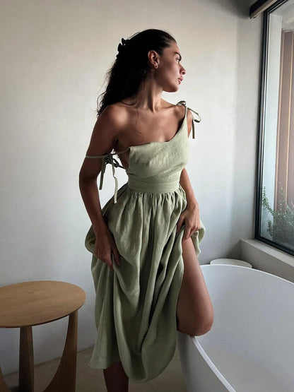 Dames Maxi Jurk Mouwloos met V-hals, Bandjes en Ruche Rok Lichtgroen