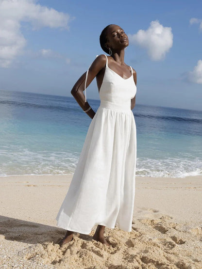 Dames Maxi Jurk Mouwloos met V-hals, Bandjes en Ruche Rok Wit