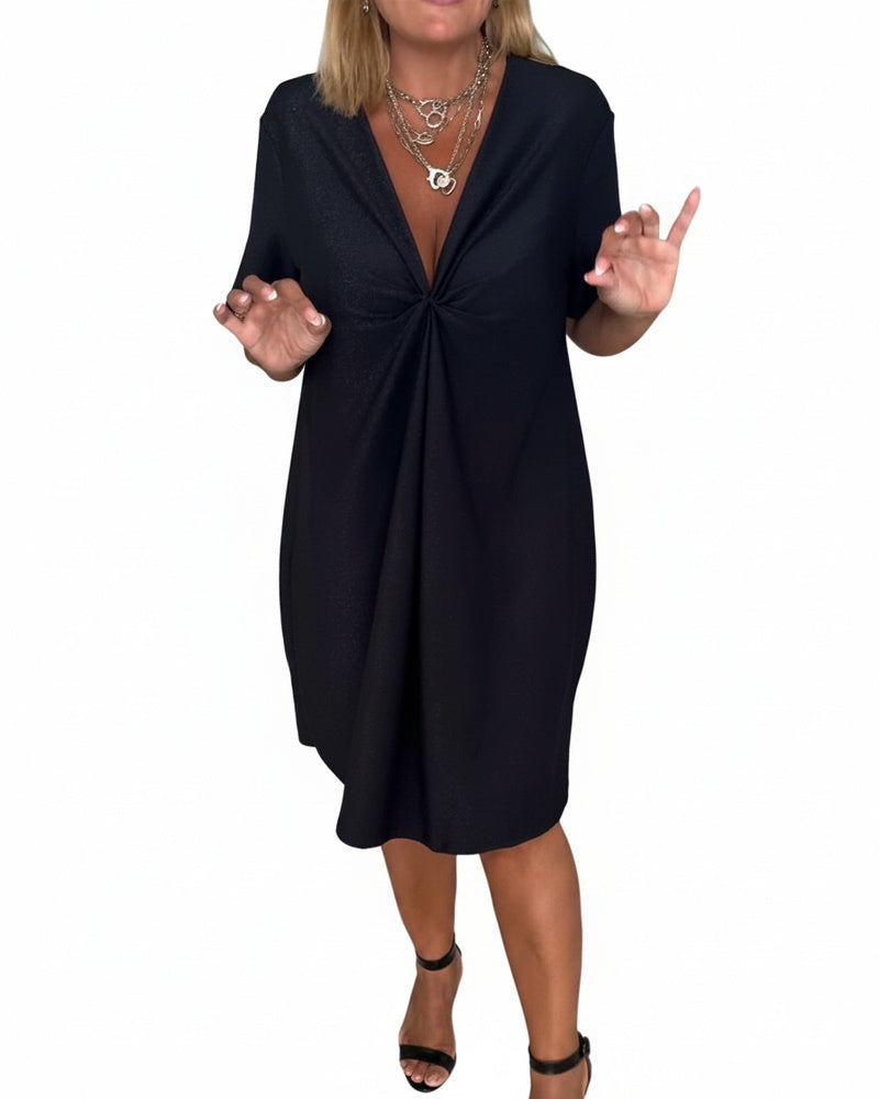 Dames Midi Jurk Korte Mouw met Diepe V-hals en Twist Detail