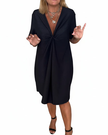 Dames Midi Jurk Korte Mouw met Diepe V-hals en Twist Detail
