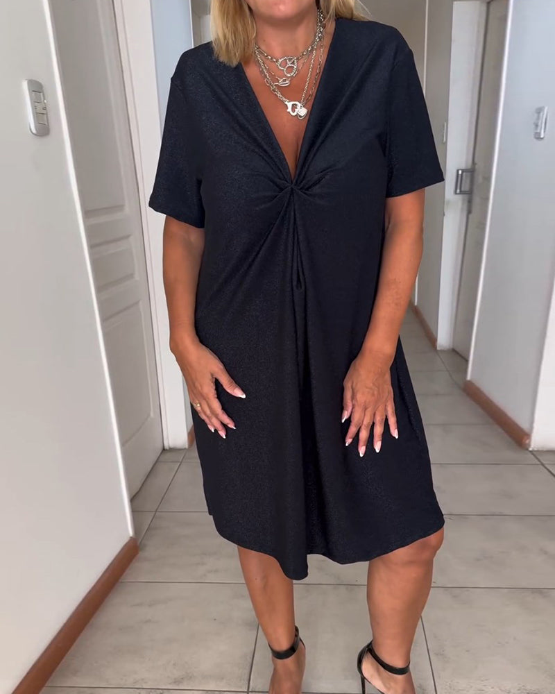 Dames Midi Jurk Korte Mouw met Diepe V-hals en Twist Detail