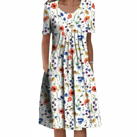 Dames Midi Jurk Korte Mouw met Ronde Hals en Bloemenprint