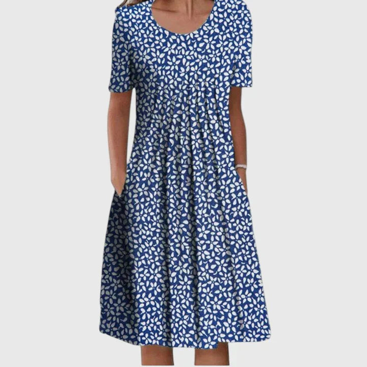 Dames Midi Jurk Korte Mouw met Ronde Hals en Bloemenprint Blauw Wit