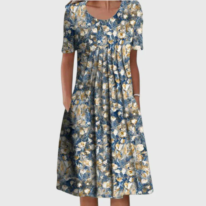 Dames Midi Jurk Korte Mouw met Ronde Hals en Bloemenprint Lichtblauw Wit