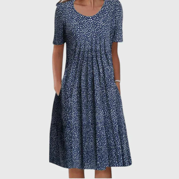Dames Midi Jurk Korte Mouw met Ronde Hals en Bloemenprint Donkerblauw Wit