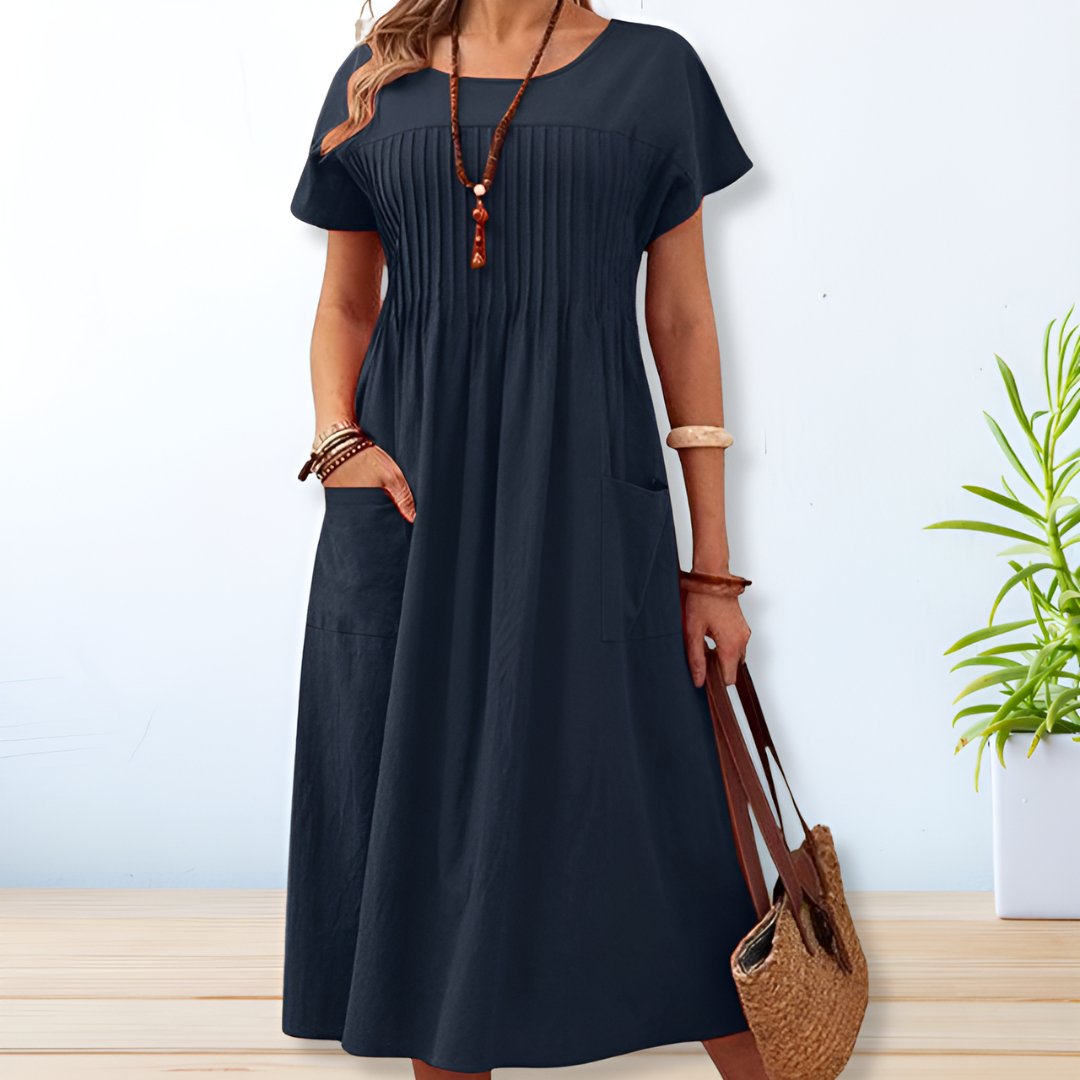 Dames Midi Jurk Korte Mouw met Ronde Hals en Zijzakken Blauw