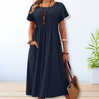 Dames Midi Jurk Korte Mouw met Ronde Hals en Zijzakken Blauw