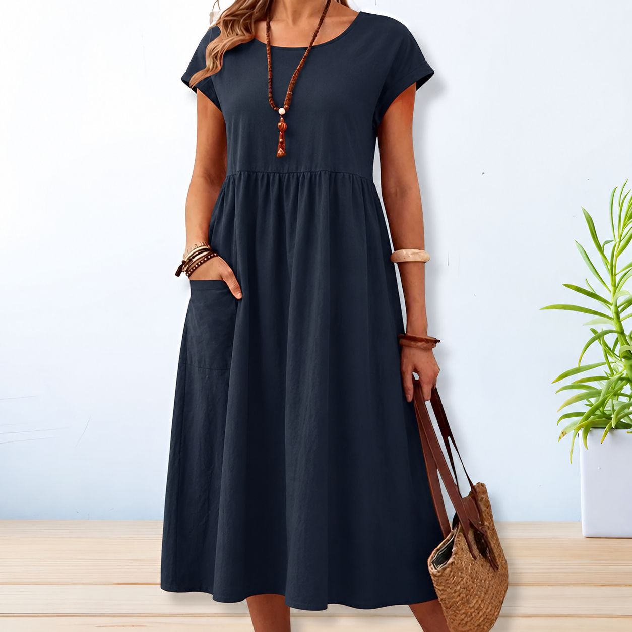 Dames Midi Jurk Korte Mouw met Ronde Hals en Zijzakken Blauw