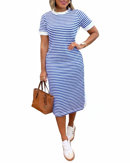 Dames Midi Jurk Korte Mouw met Ronde Hals, Streepprint en Zijsplit