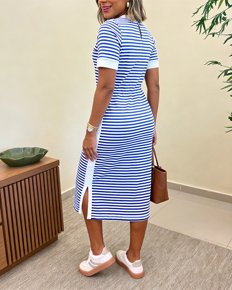 Dames Midi Jurk Korte Mouw met Ronde Hals, Streepprint en Zijsplit