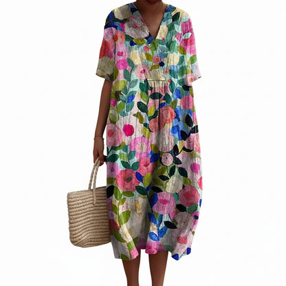 Dames Midi Jurk Korte Mouw met V-hals en Bloemenprint