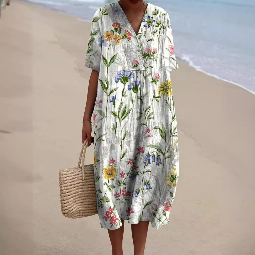 Dames Midi Jurk Korte Mouw met V-hals en Bloemenprint